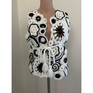 Handmade Lace Crochet Women's Vest Unique Black & White Floral Size M